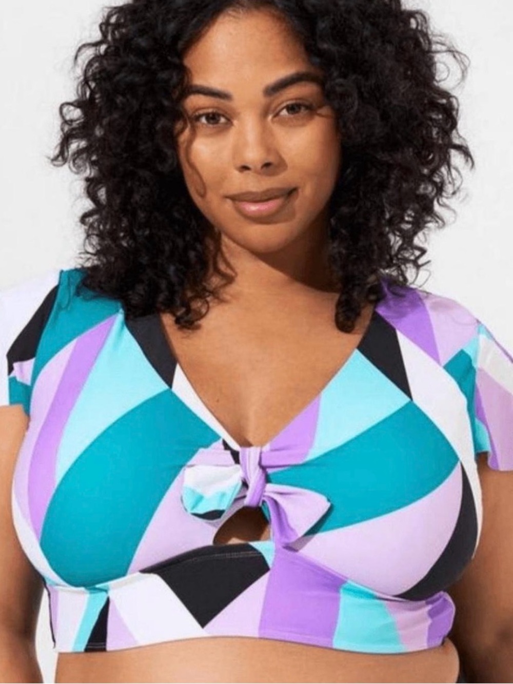 Plus Size Teal & Lavender Tie-Front V-Neck Swim Top